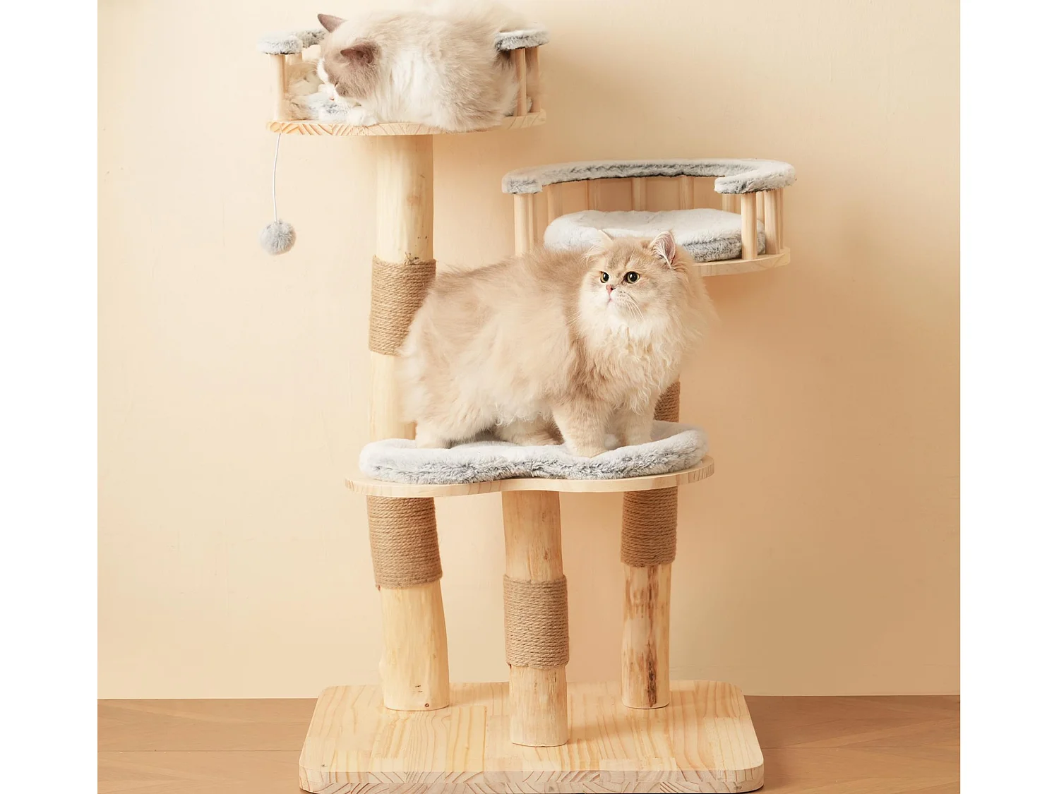 Arbre à chat 60x48x98cm - 3 plateformes - coussins amovibles - balle de jeu - design nuage - Naturel