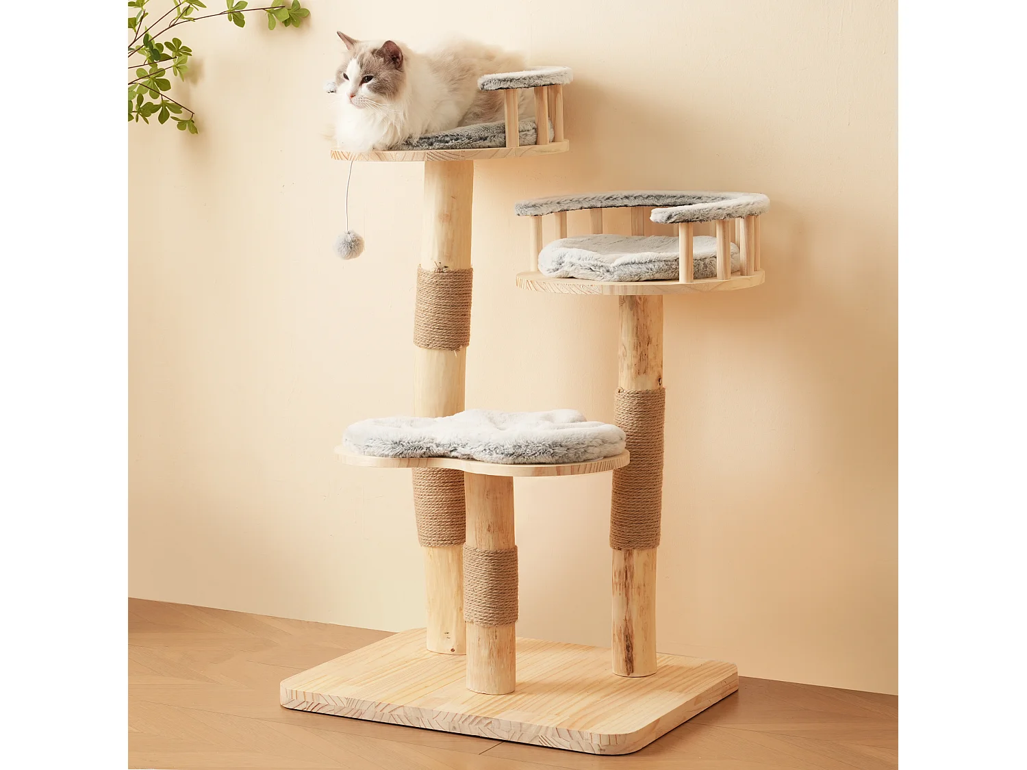 Arbre à chat 60x48x98cm - 3 plateformes - coussins amovibles - balle de jeu - design nuage - Naturel