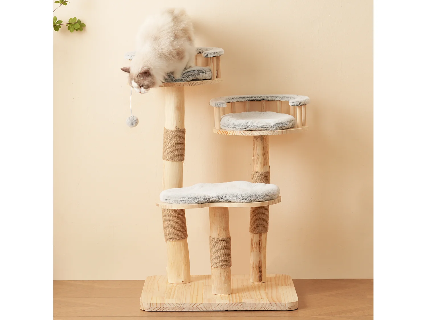 Arbre à chat 60x48x98cm - 3 plateformes - coussins amovibles - balle de jeu - design nuage - Naturel