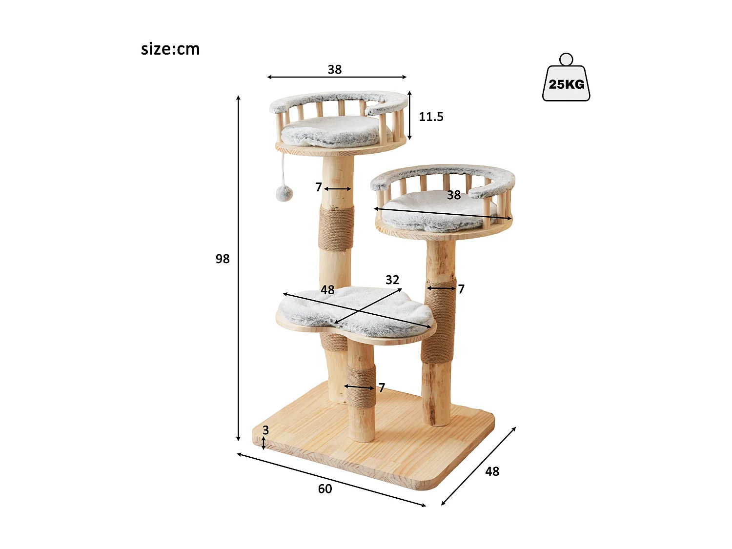 Arbre à chat 60x48x98cm - 3 plateformes - coussins amovibles - balle de jeu - design nuage - Naturel
