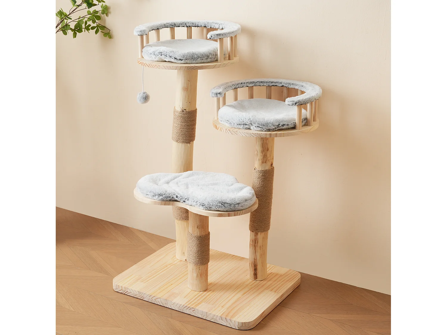 Arbre à chat 60x48x98cm - 3 plateformes - coussins amovibles - balle de jeu - design nuage - Naturel