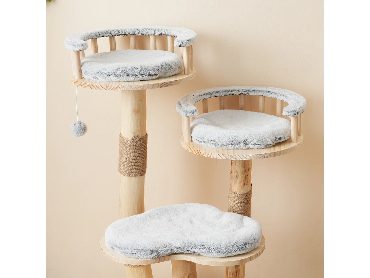 Arbre à chat 60x48x98cm - 3 plateformes - coussins amovibles - balle de jeu - design nuage - Naturel