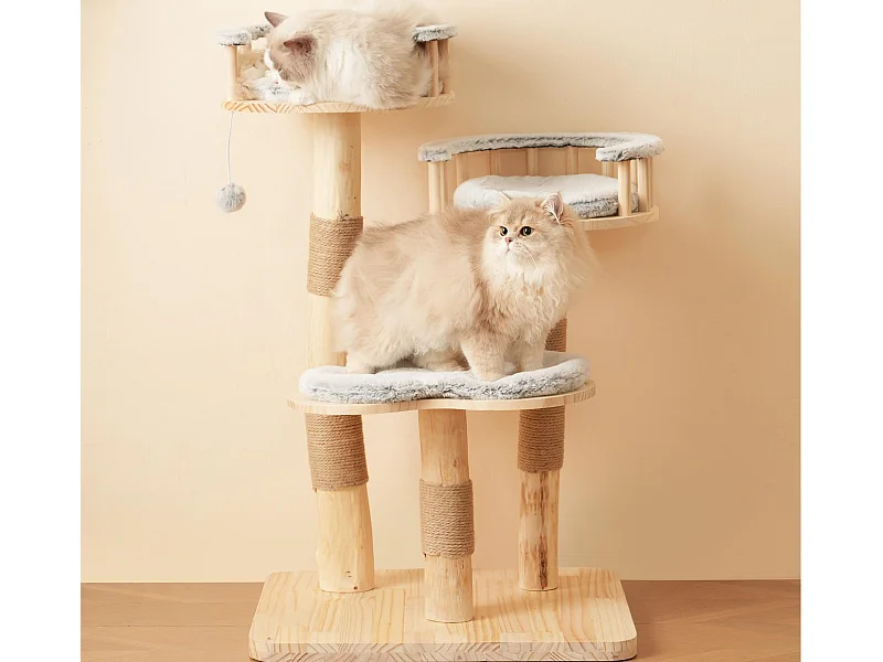 Kratzbaum 60x48x98cm - 3 Plattformen - abnehmbare Kissen - Spielball - Wolken-Design - Natur