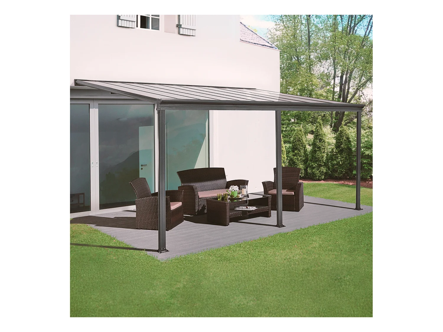 Pergola murale 3x5m anthracite en aluminium et polycarbonate avec gouttière. pergola adossée