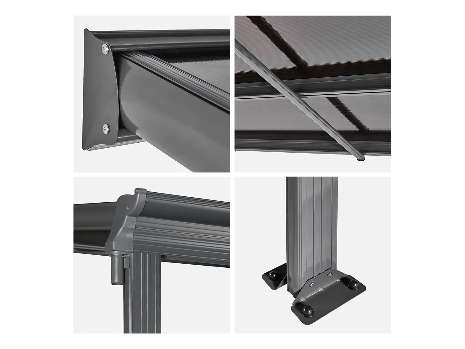 Pergola murale 3x5m anthracite en aluminium et polycarbonate avec gouttière. pergola adossée