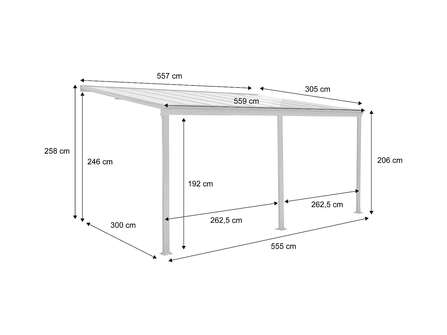 Pergola murale 3x5m anthracite en aluminium et polycarbonate avec gouttière. pergola adossée
