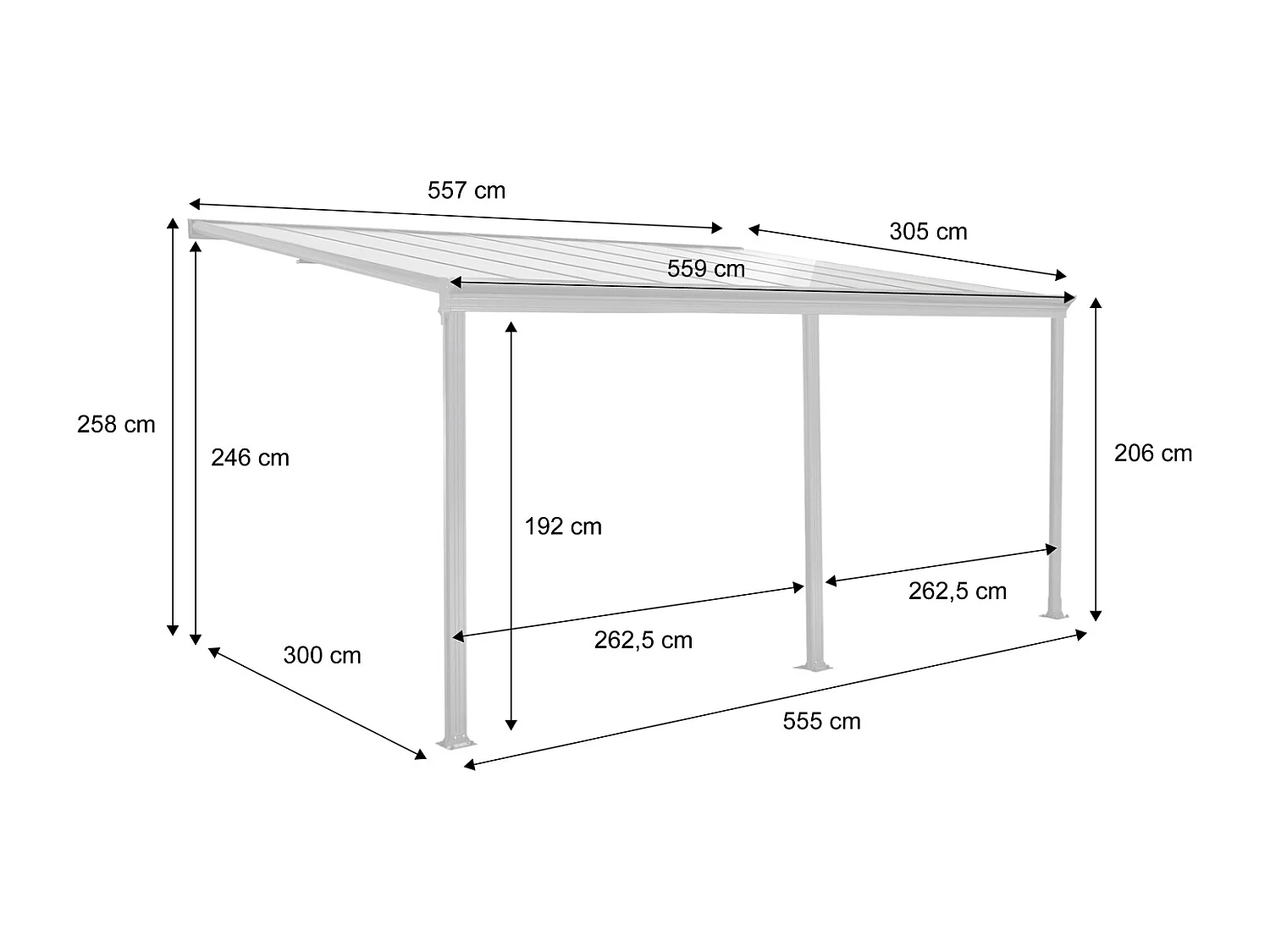 Pergola murale 3x5m anthracite en aluminium et polycarbonate avec gouttière. pergola adossée