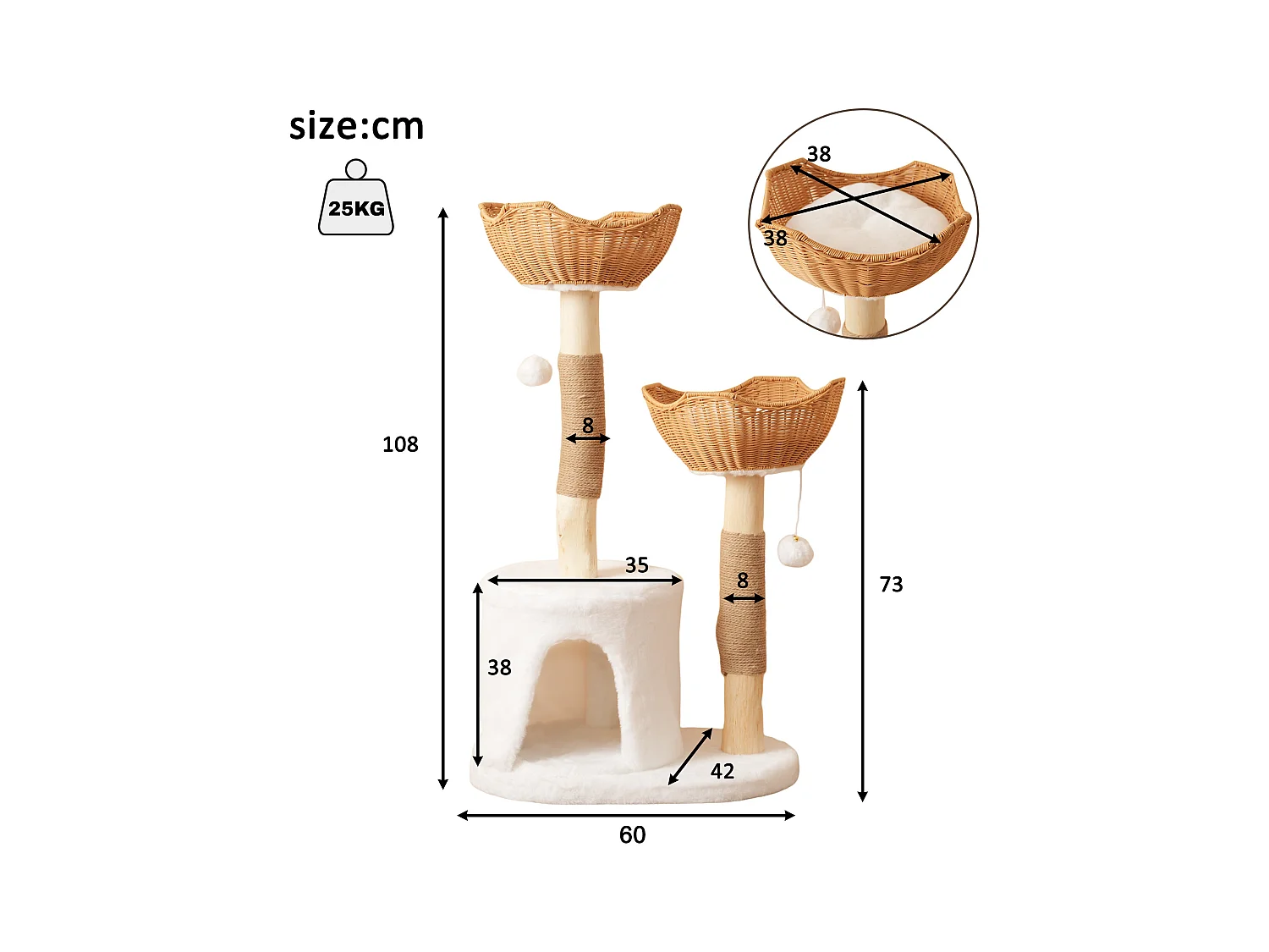 Arbre à chat 60x42x108cm - avec 1 grotte et 2 paniers - avec balle en peluche et coussin épais - naturel + blanc
