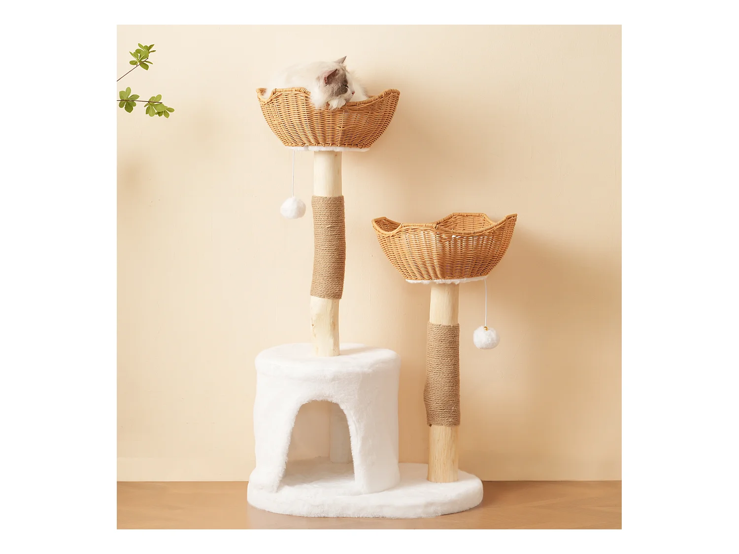 Arbre à chat 60x42x108cm - avec 1 grotte et 2 paniers - avec balle en peluche et coussin épais - naturel + blanc