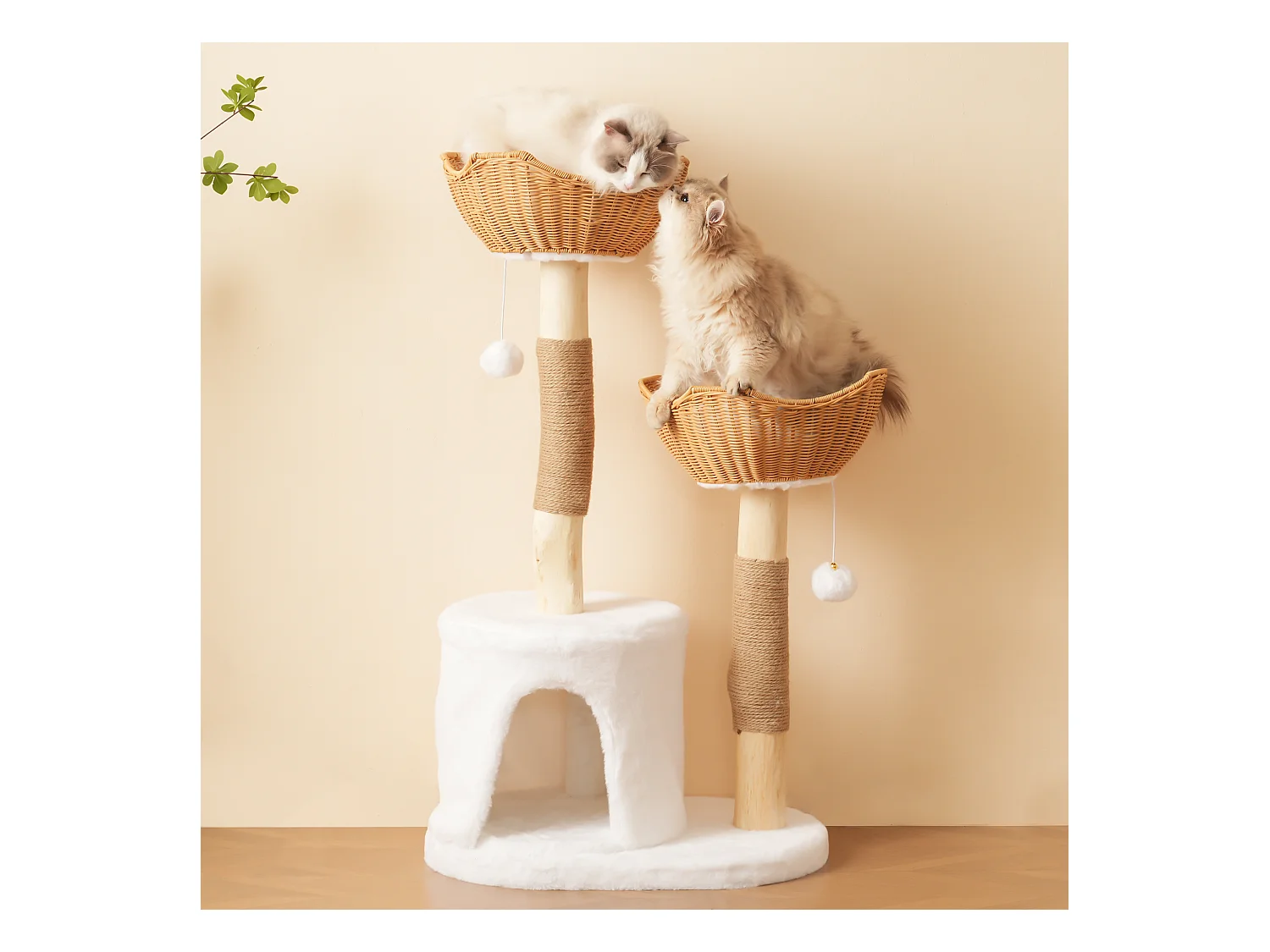 Arbre à chat 60x42x108cm - avec 1 grotte et 2 paniers - avec balle en peluche et coussin épais - naturel + blanc