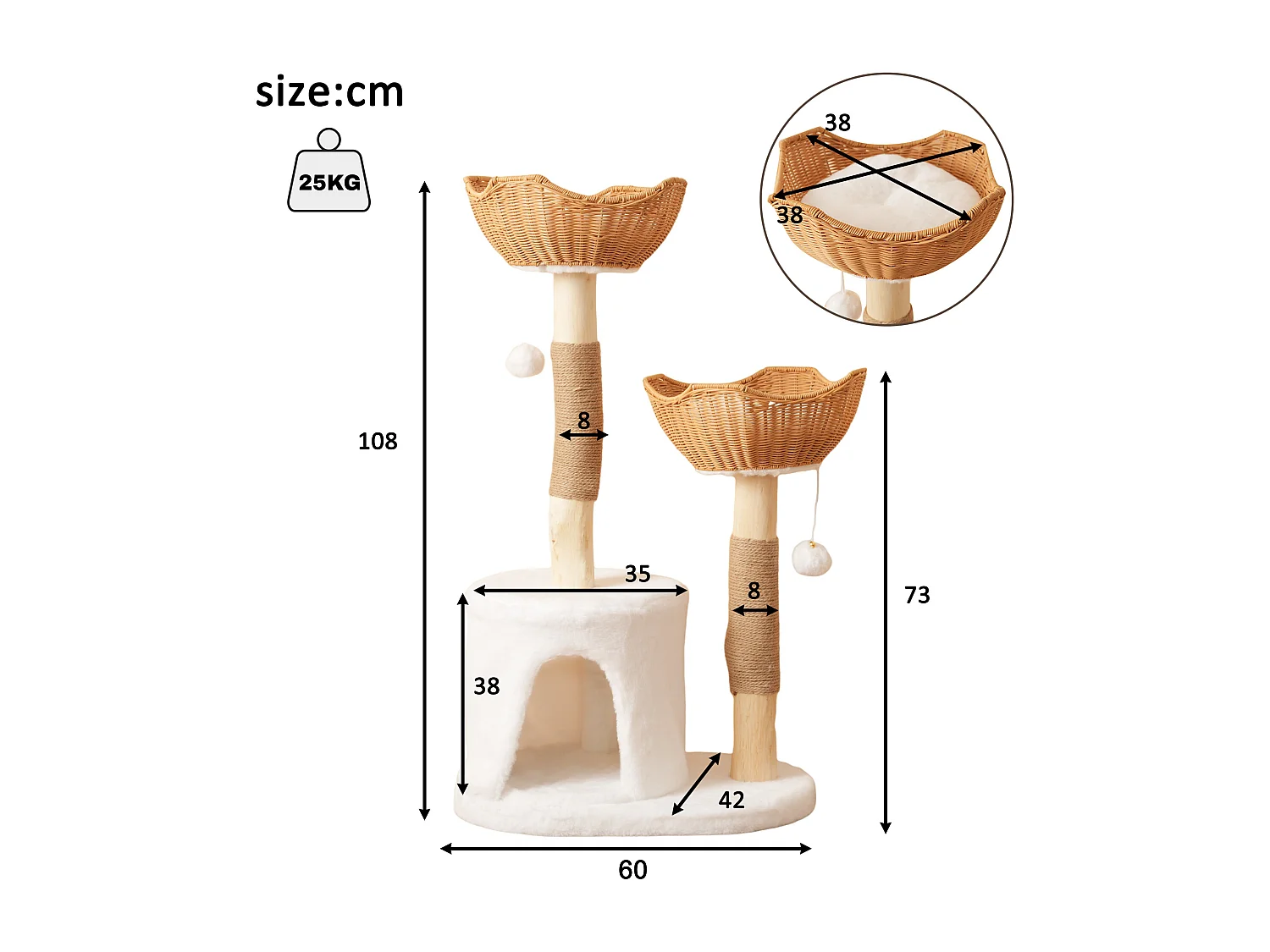 Kratzbaum 60x42x108cm - mit 1 Höhle und 2 Körben - mit Plüschball und dickem Kissen - natur + weiß