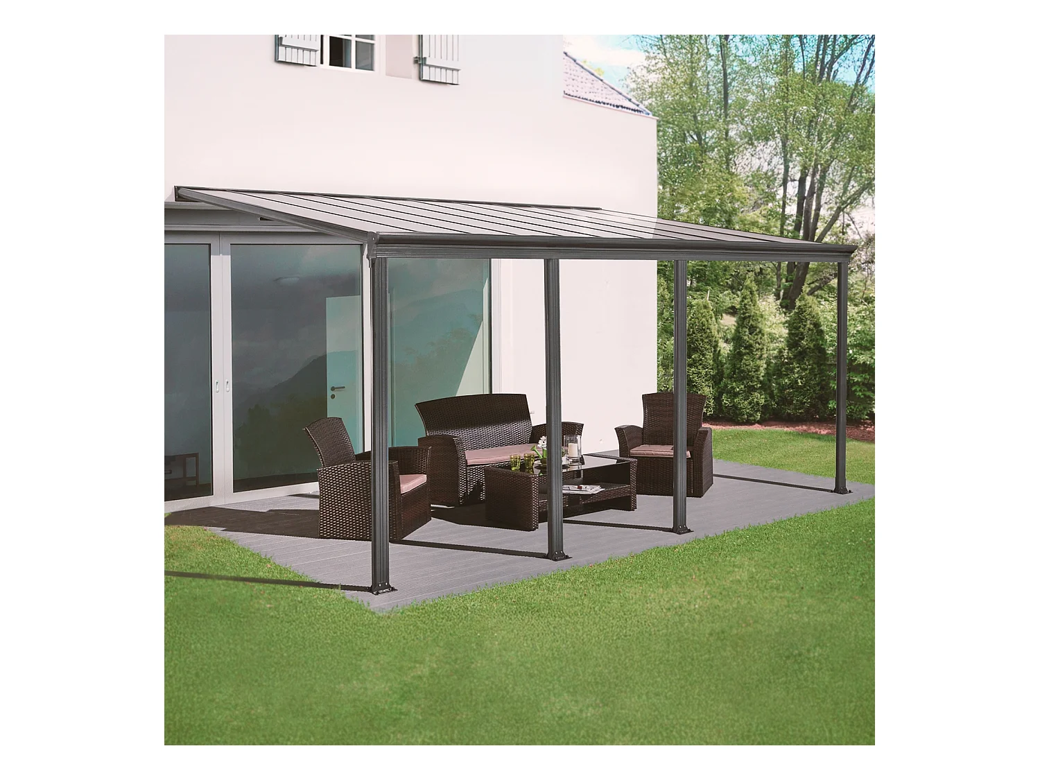 Pergola murale 3x6m anthracite aluminium et polycarbonate avec gouttière. pergola adossée