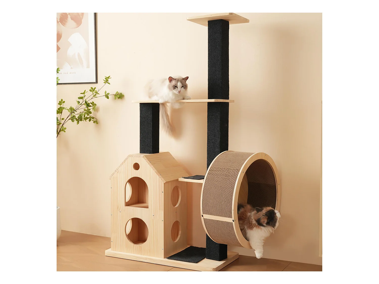 Arbre à chat 80×40×152 cm - avec 4 plateformes - 2 maisons pour chats - rouleau à chat - grattoir pour chat - naturel