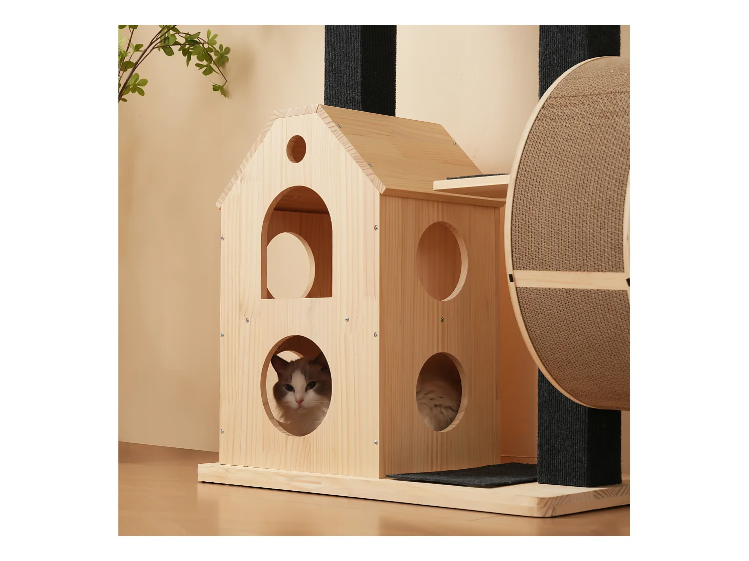 Arbre à chat 80×40×152 cm - avec 4 plateformes - 2 maisons pour chats - rouleau à chat - grattoir pour chat - naturel