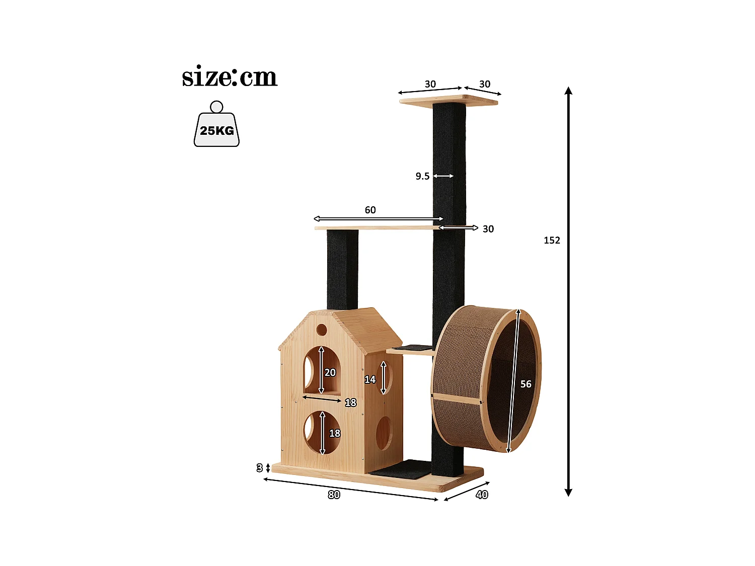 Arbre à chat 80×40×152 cm - avec 4 plateformes - 2 maisons pour chats - rouleau à chat - grattoir pour chat - naturel