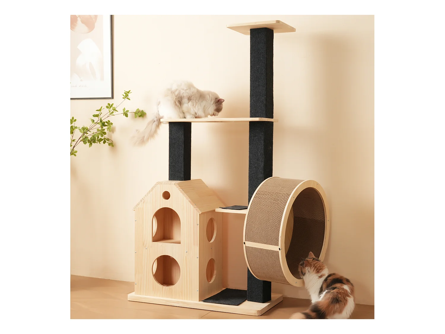 Krabpaal 80×40×152 cm - met 4 platforms - 2 kattenhuizen - kattenrol - krabplank voor katten - naturel