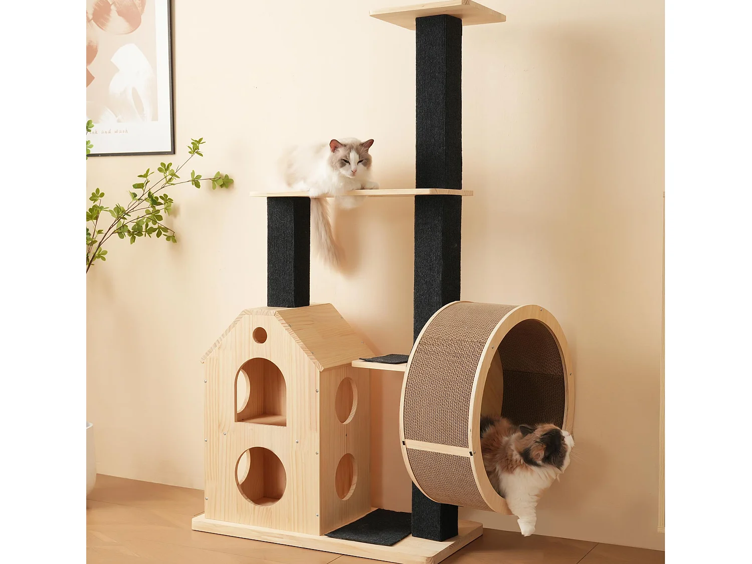 Kratzbaum 80×40×152 cm - mit 4 Plattformen - 2 Katzenhäusern - Katzenrolle - Kratzbrett für Katzen - natur