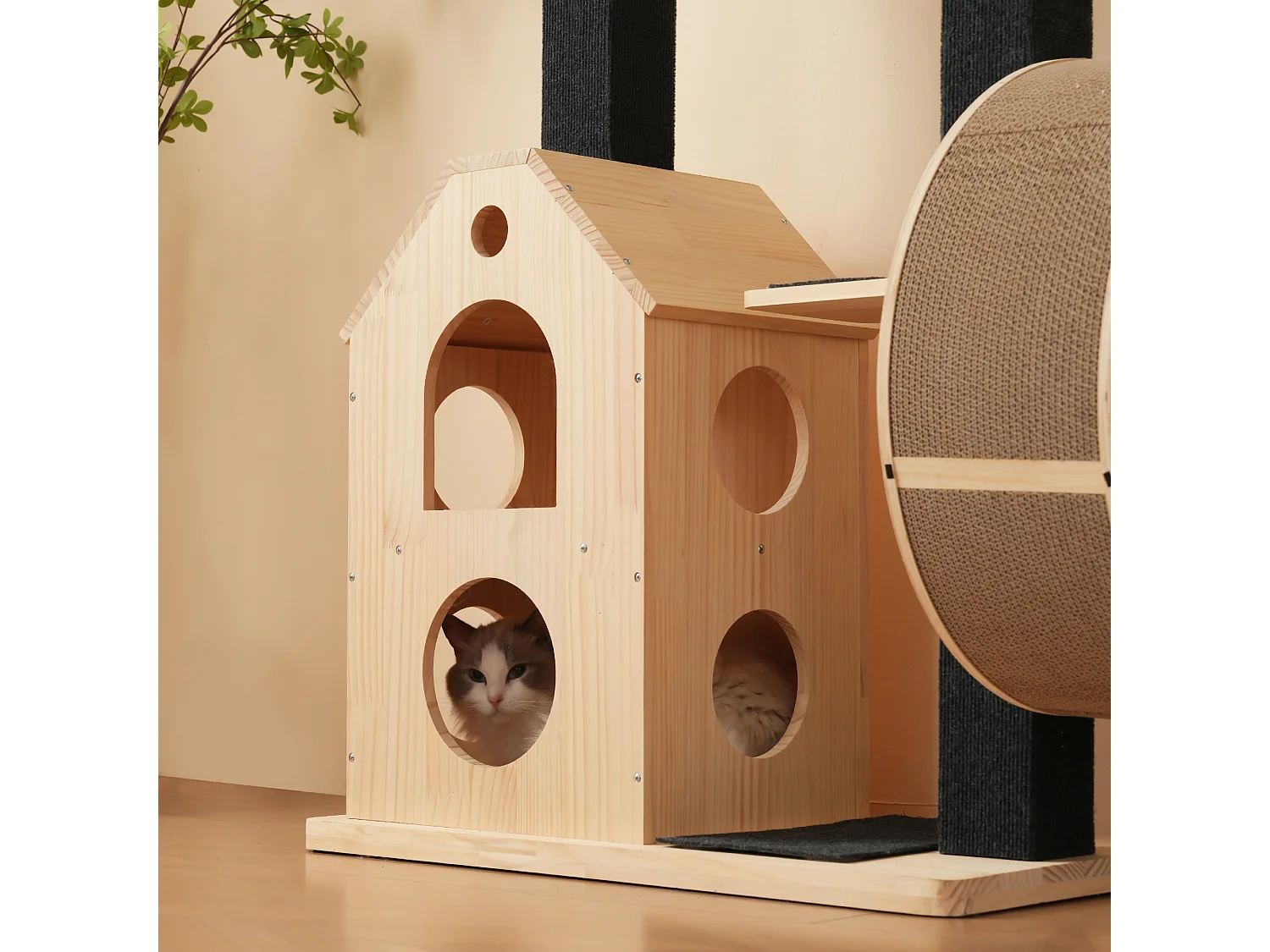 Kratzbaum 80×40×152 cm - mit 4 Plattformen - 2 Katzenhäusern - Katzenrolle - Kratzbrett für Katzen - natur