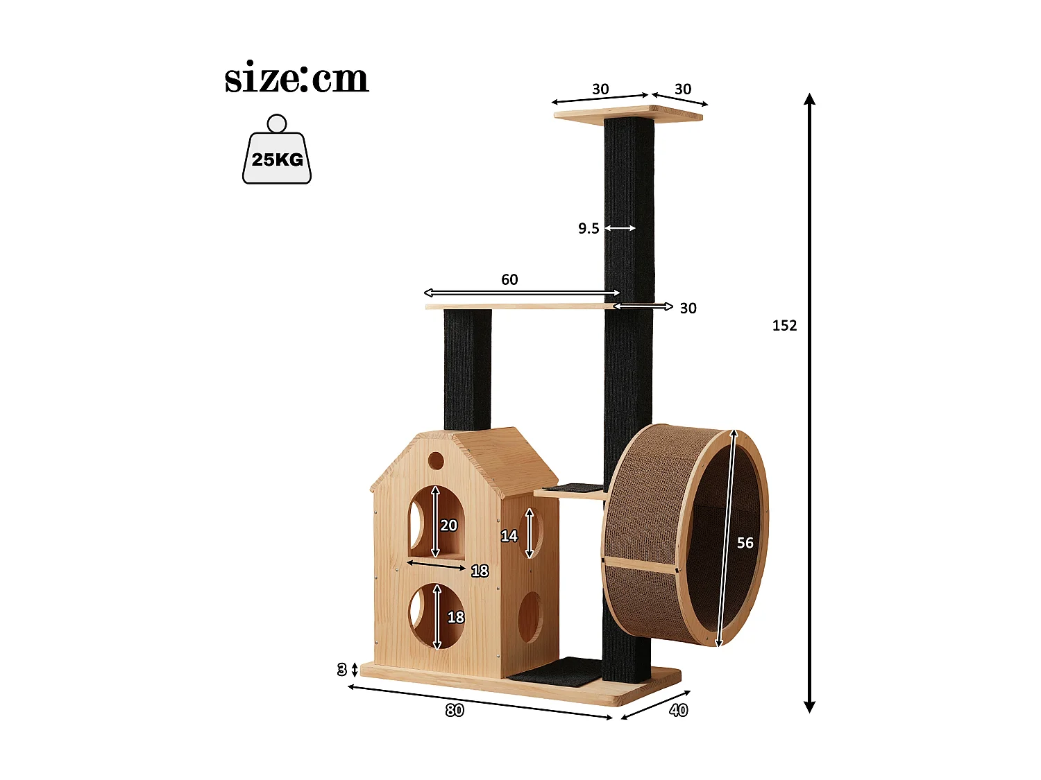 Kratzbaum 80×40×152 cm - mit 4 Plattformen - 2 Katzenhäusern - Katzenrolle - Kratzbrett für Katzen - natur