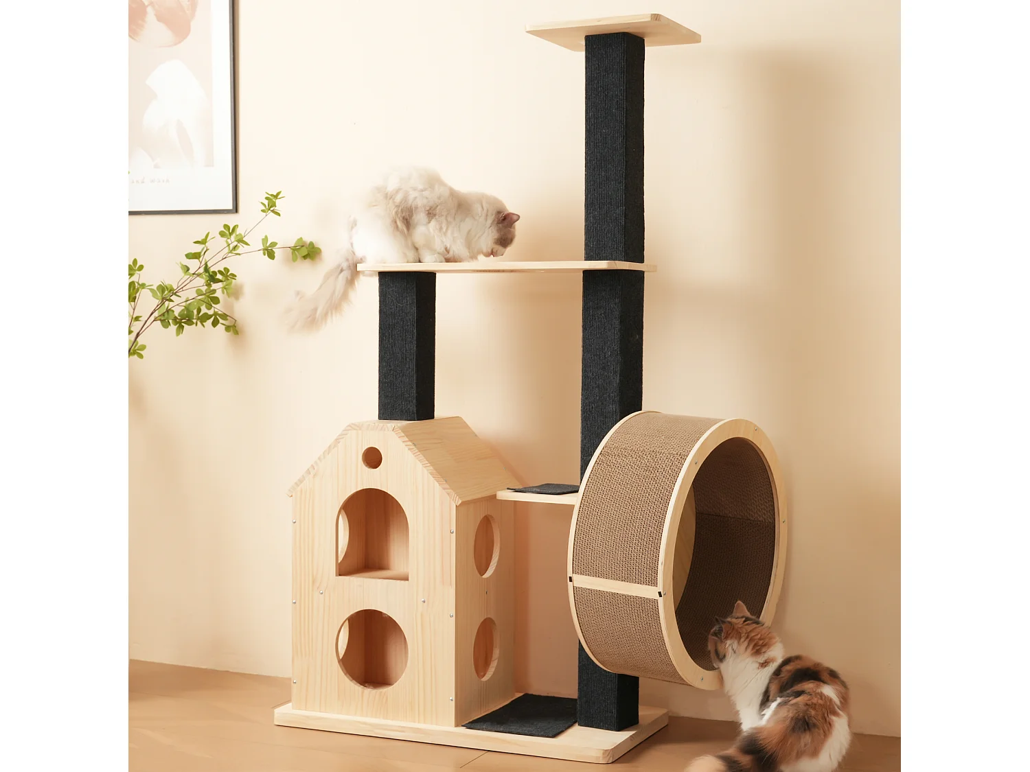 Kratzbaum 80×40×152 cm - mit 4 Plattformen - 2 Katzenhäusern - Katzenrolle - Kratzbrett für Katzen - natur