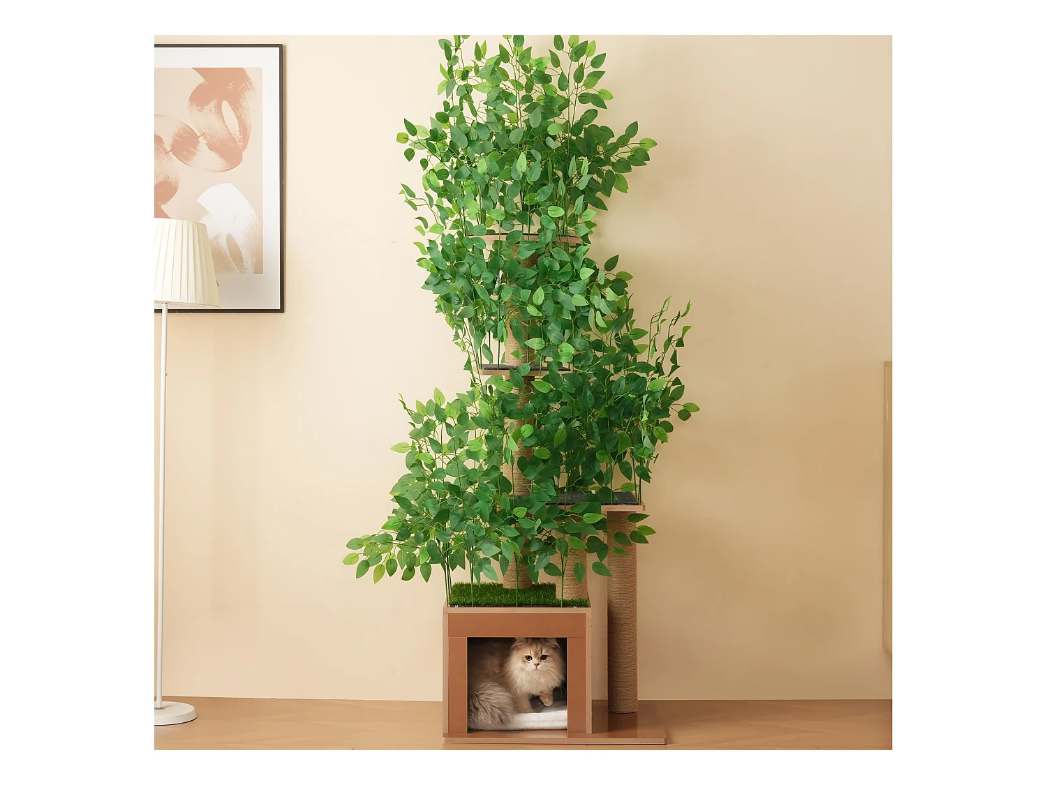 Arbre à chat de 190 cm de haut - avec 4 plateformes et 1 trou pour chat - lames amovibles - vert