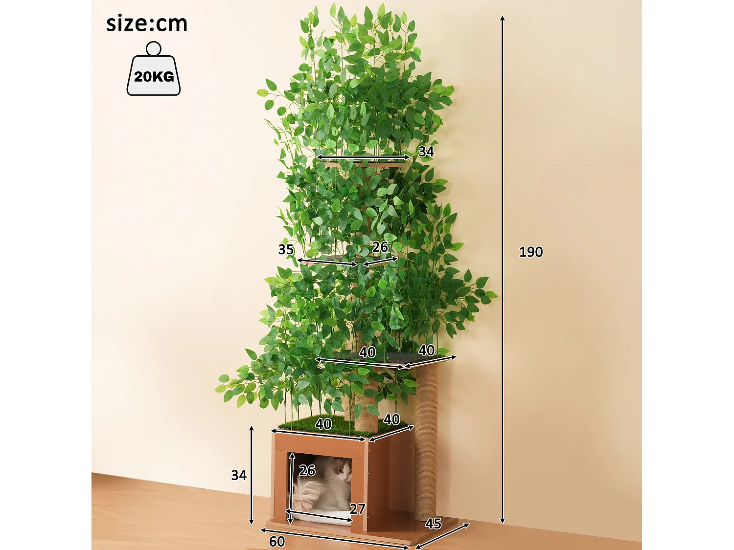 Arranhador para gatos de 190 cm de altura - com 4 plataformas e 1 buraco para gatos - lâminas removíveis - verde