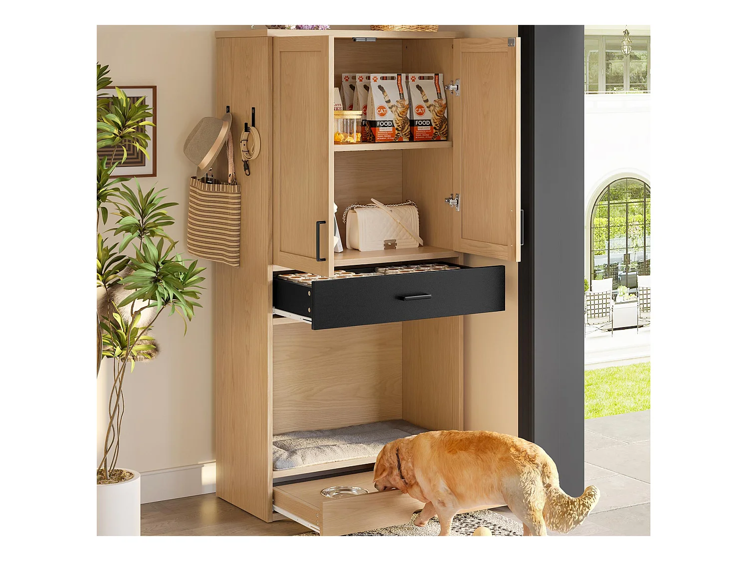 Armoire pour animaux 79x40x160 cm - 2 portes et 2 tiroirs - avec gamelle et tapis - avec crochets - couleur naturelle