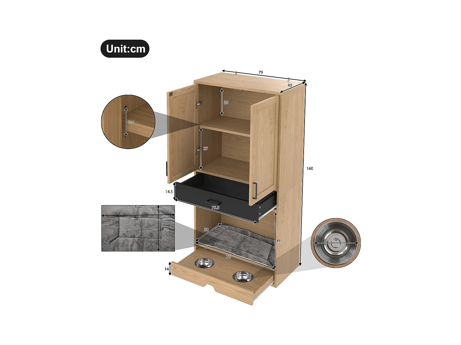 Armoire pour animaux 79x40x160 cm - 2 portes et 2 tiroirs - avec gamelle et tapis - avec crochets - couleur naturelle