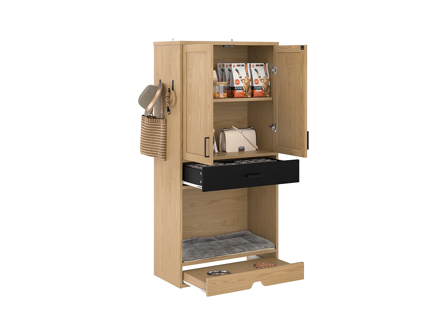 Armoire pour animaux 79x40x160 cm - 2 portes et 2 tiroirs - avec gamelle et tapis - avec crochets - couleur naturelle