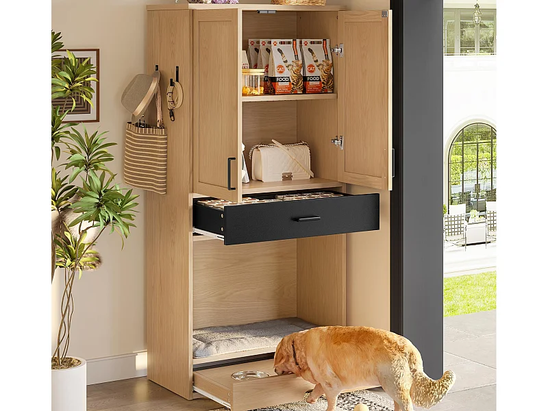 Haustierschrank 79x40x160 cm - 2 Türen und 2 Schubladen - mit Napf und Matte - mit Haken - natürliche Farbe