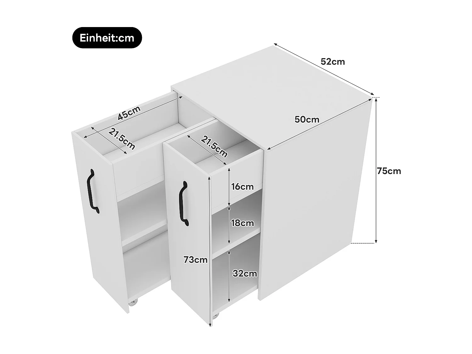 Classeur 52x50x75 cm - avec roulettes - 2 tiroirs - coulissants individuels - blanc