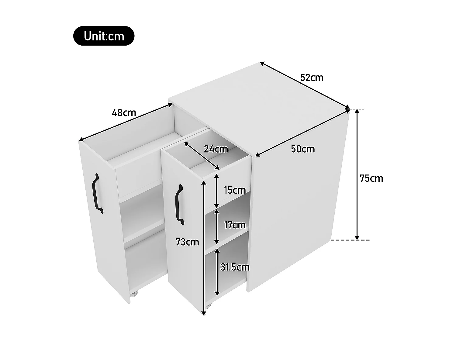 Classeur 52x50x75 cm - avec roulettes - 2 tiroirs - coulissants individuels - blanc