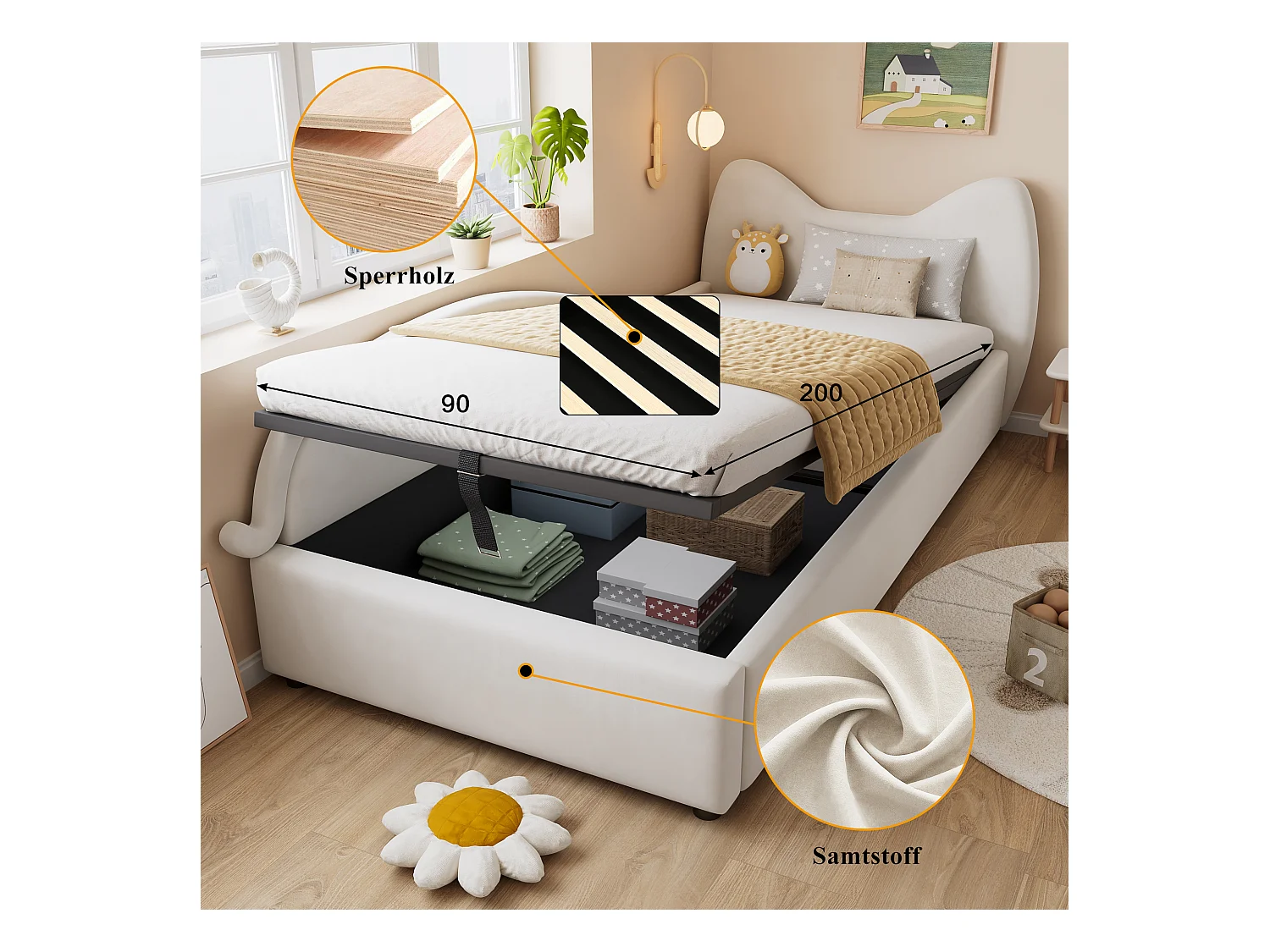 Beige fluwelen kinderbed met opbergruimte 90x200cm, katvorm, linkerpaneel (zonder matras)