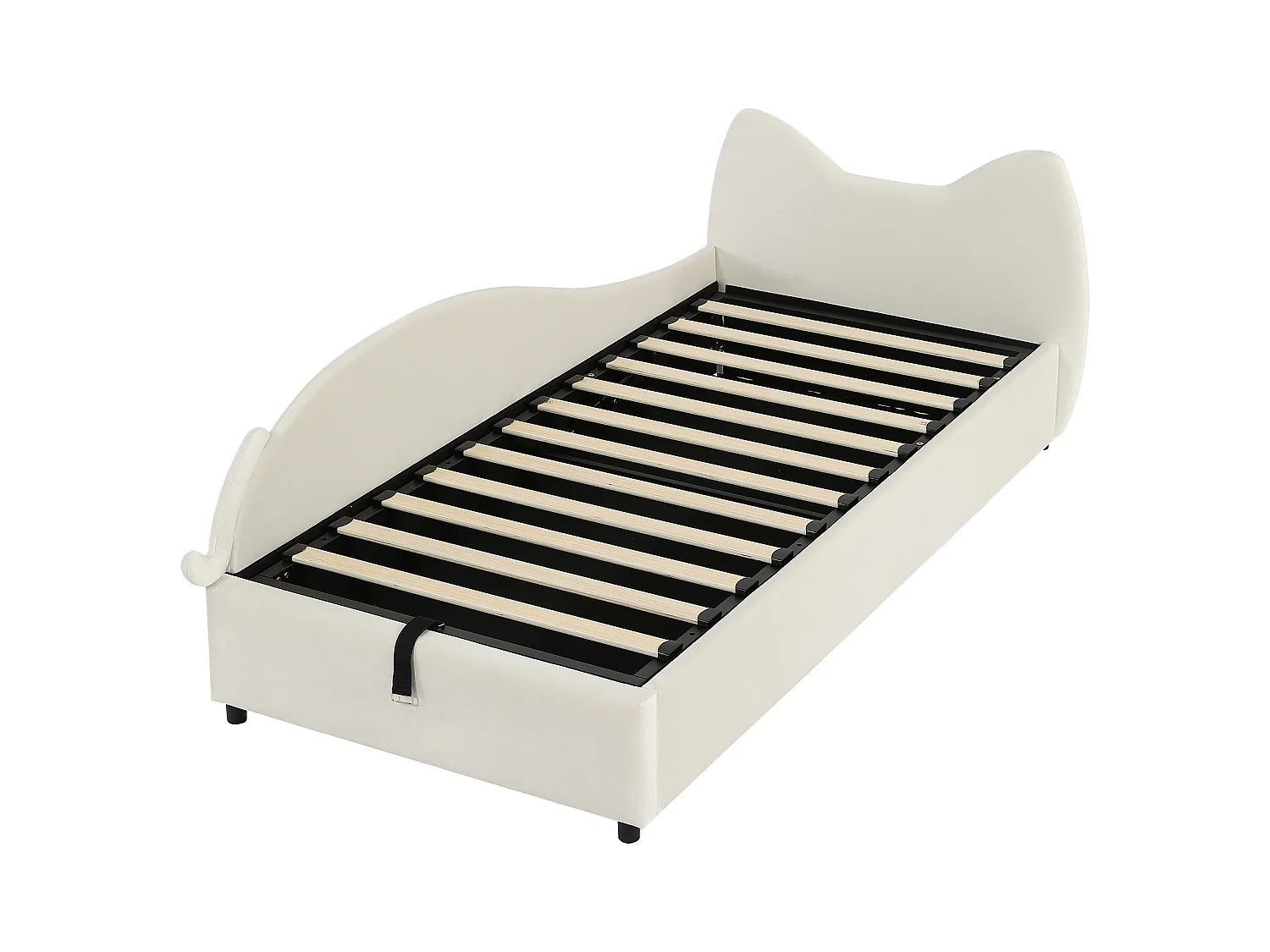 Beige fluwelen kinderbed met opbergruimte 90x200cm, katvorm, linkerpaneel (zonder matras)