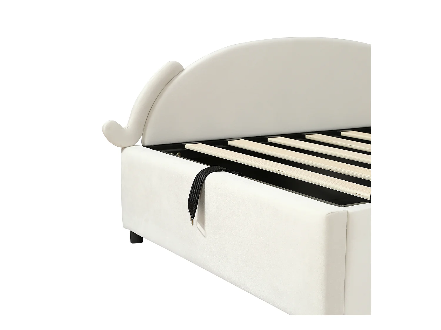 Beige fluwelen kinderbed met opbergruimte 90x200cm, katvorm, linkerpaneel (zonder matras)