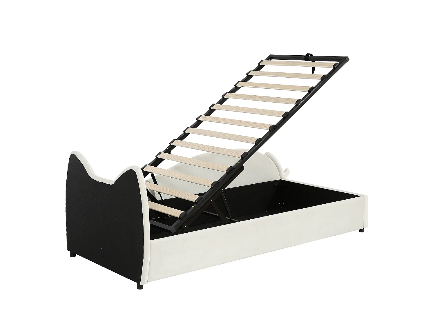 Letto contenitore per bambini in velluto beige 90x200 cm, a forma di gatto, pannello dritto (materasso non incluso)