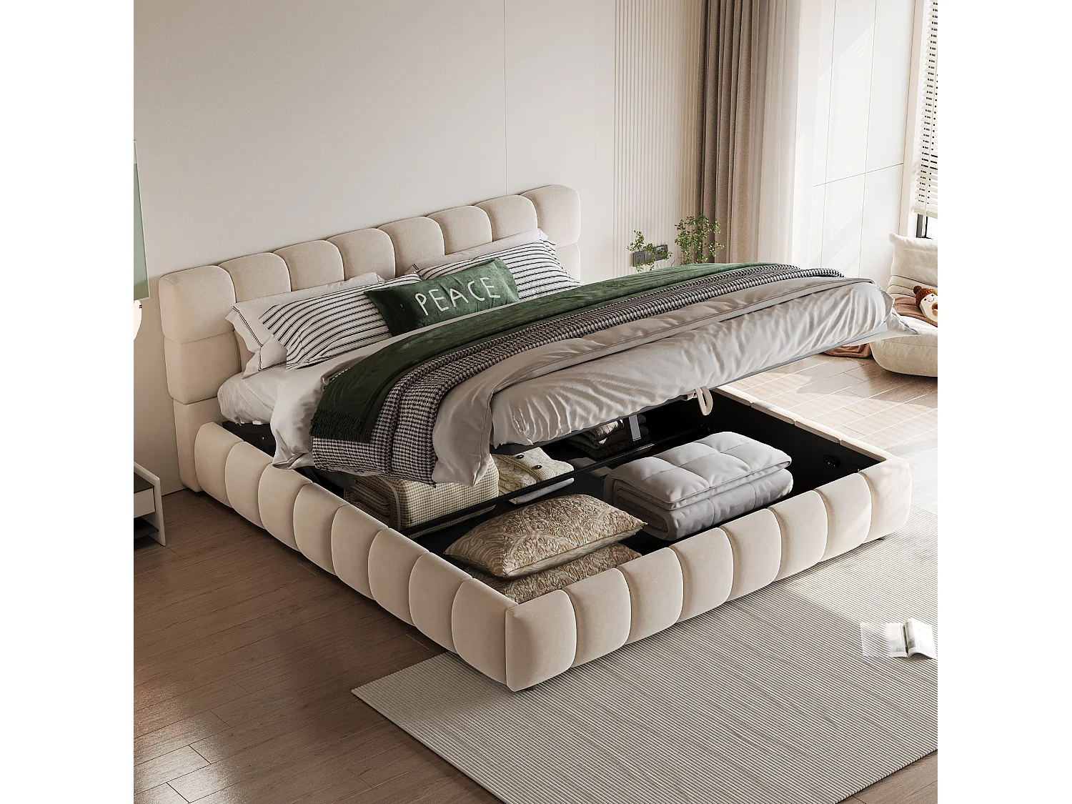Lit double coffre en velours beige 140x190cm avec tête de lit (sans matelas)