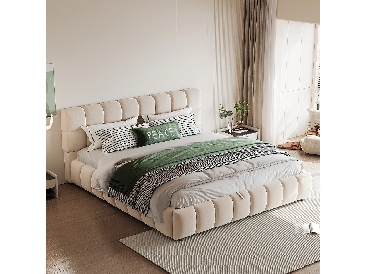 Lit double coffre en velours beige 140x190cm avec tête de lit (sans matelas)