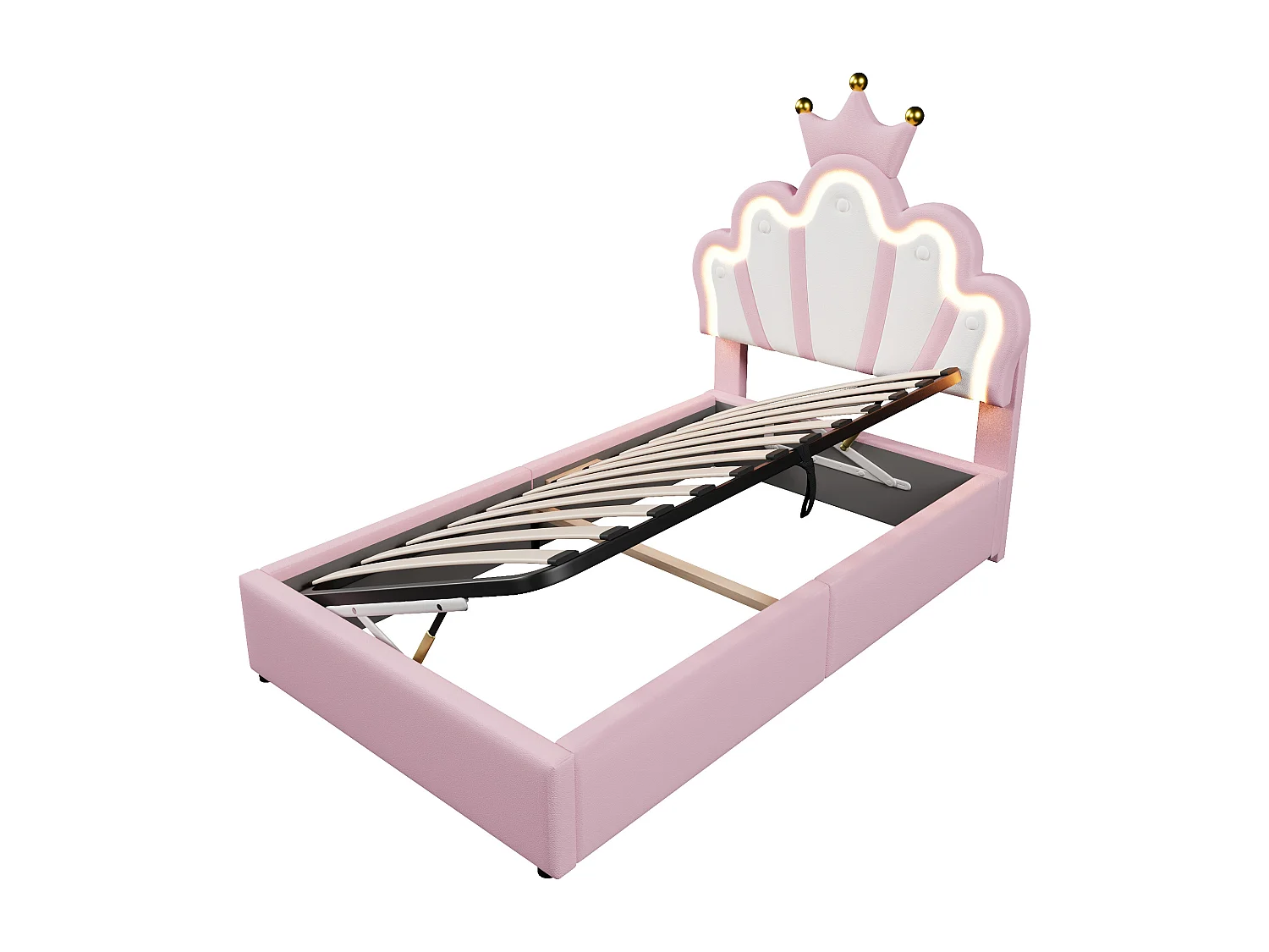 Lit princesse coffre enfant rose 90 x 200 cm avec éclairage LED,tête de lit réglable, PU (sans matelas)