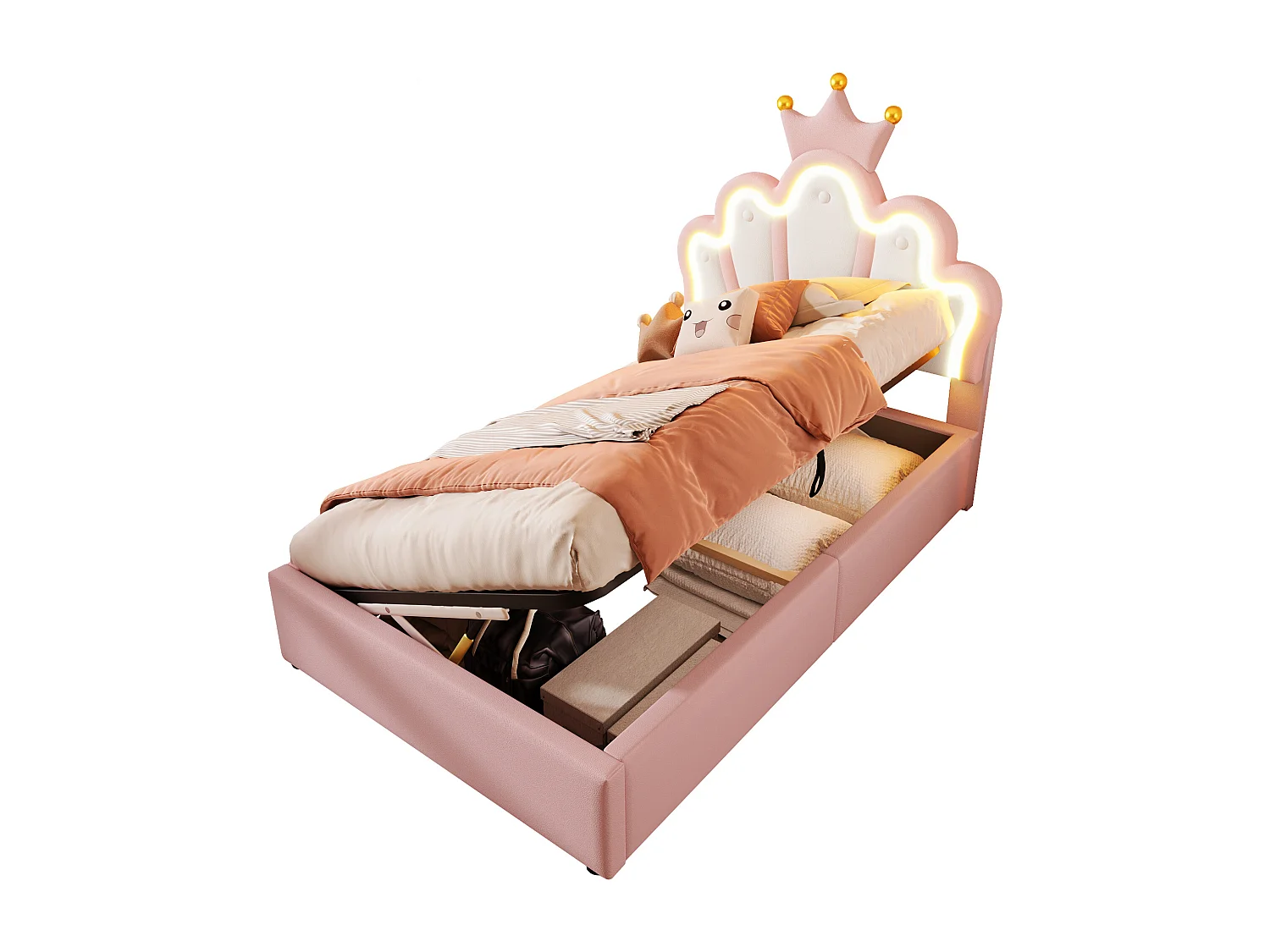 Lit princesse coffre enfant rose 90 x 200 cm avec éclairage LED,tête de lit réglable, PU (sans matelas)
