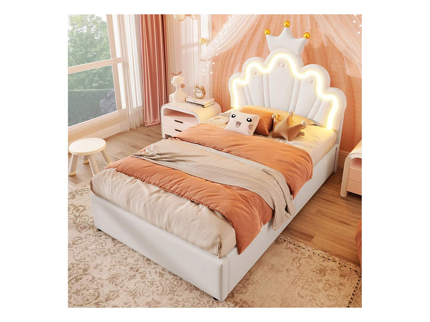 Lit princesse coffre enfant blanc 90 x 200 cm avec éclairage LED,tête de lit réglable, PU (sans matelas)