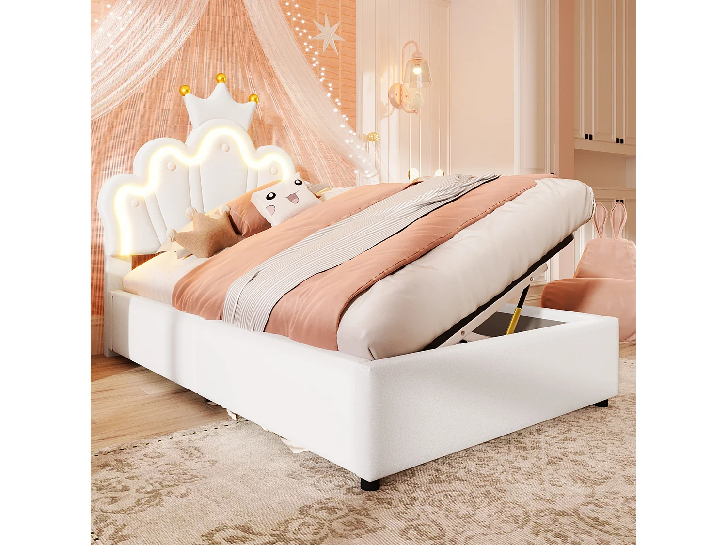 Cama infantil princesa blanca con canapé de 90 x 200 cm con iluminación LED, cabecero regulable, PU (sin colchón)