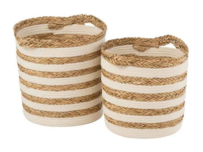 Lot de 2 Paniers Déco "Rayés" 38cm Naturel & Blanc