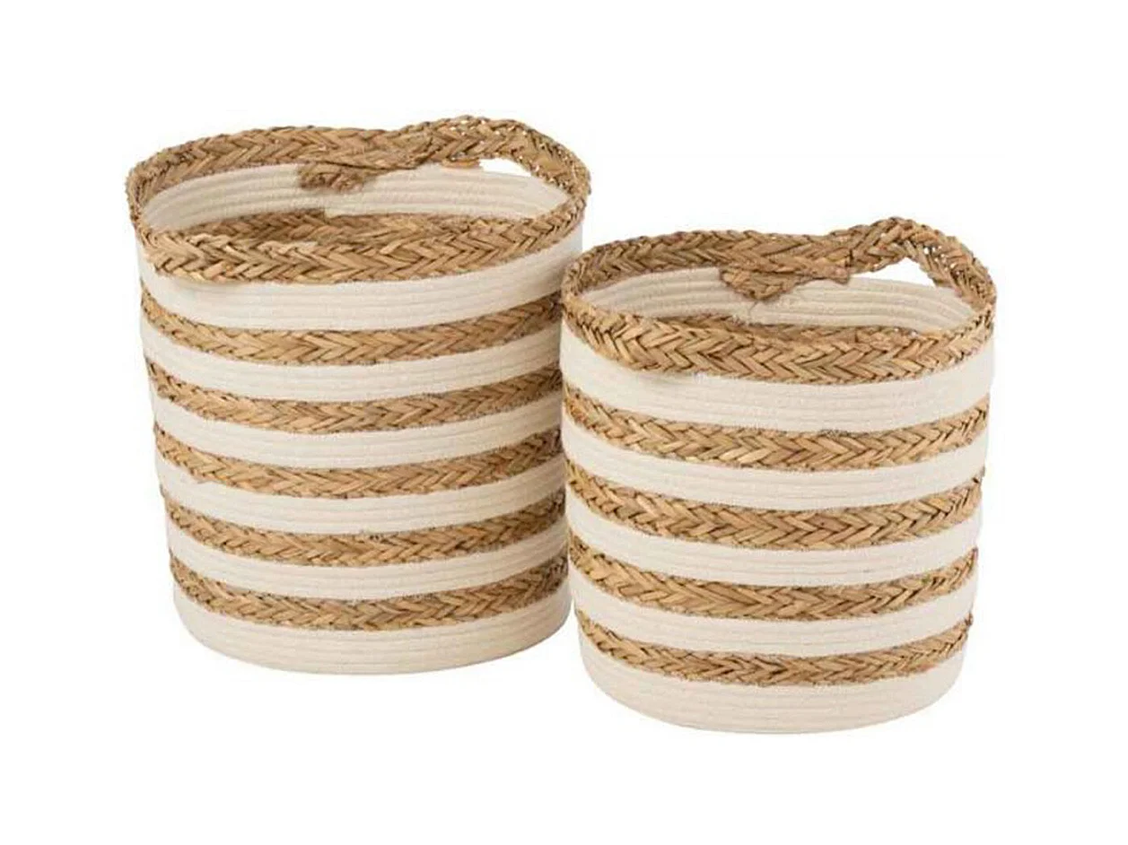 Lot de 2 Paniers Déco "Rayés" 38cm Naturel & Blanc