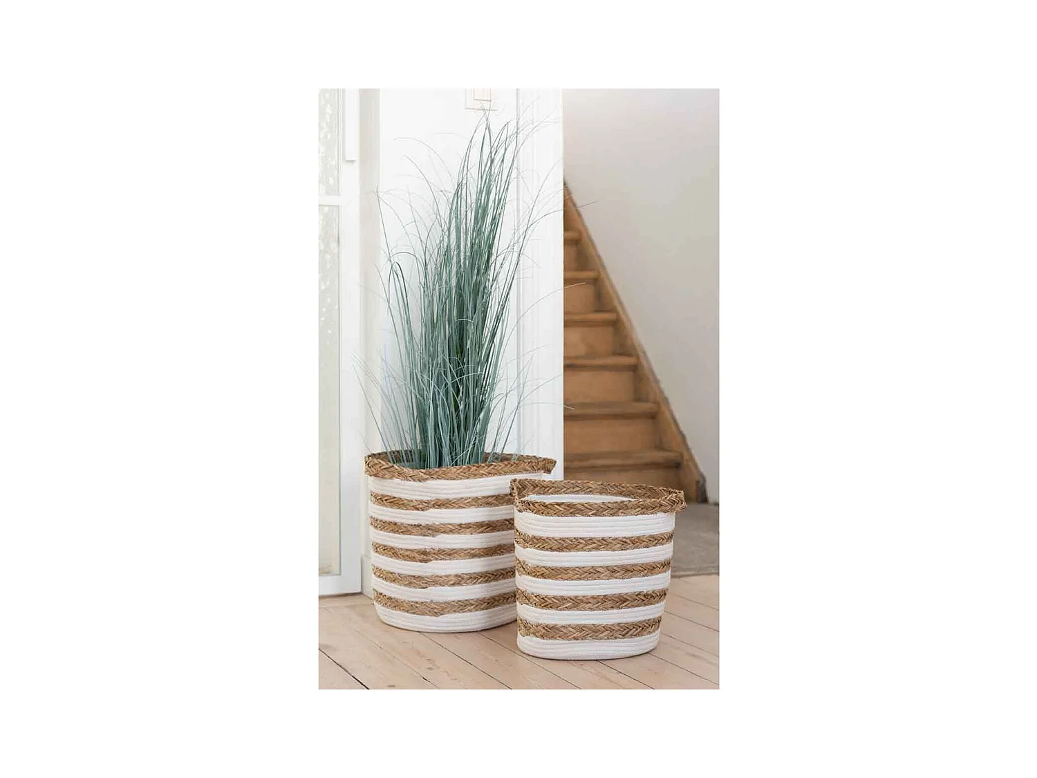 Lot de 2 Paniers Déco "Rayés" 38cm Naturel & Blanc