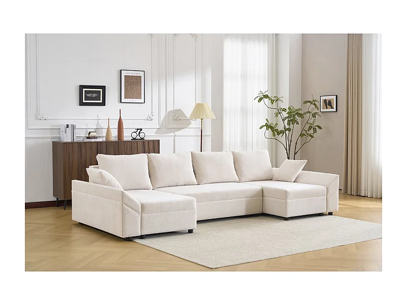 Panorama-Ecksofa Cabrio aus Stoff mit Textur "Vaugirard II" – 5 Plätze – Beige