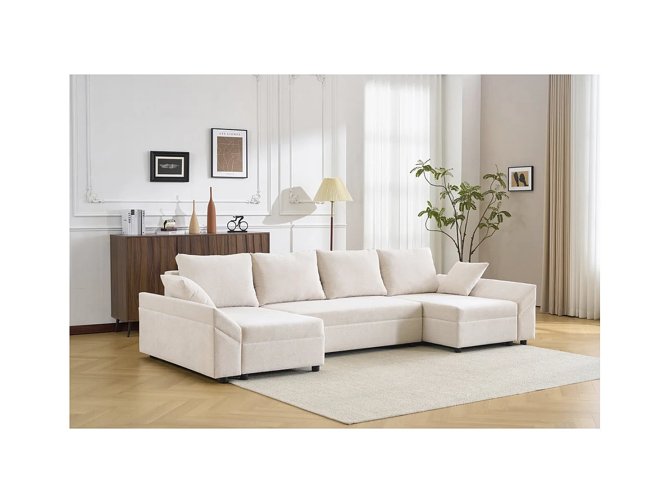 Canapé d'angle panoramique convertible en tissu texturé "Vaugirard II" - 5 places - Beige