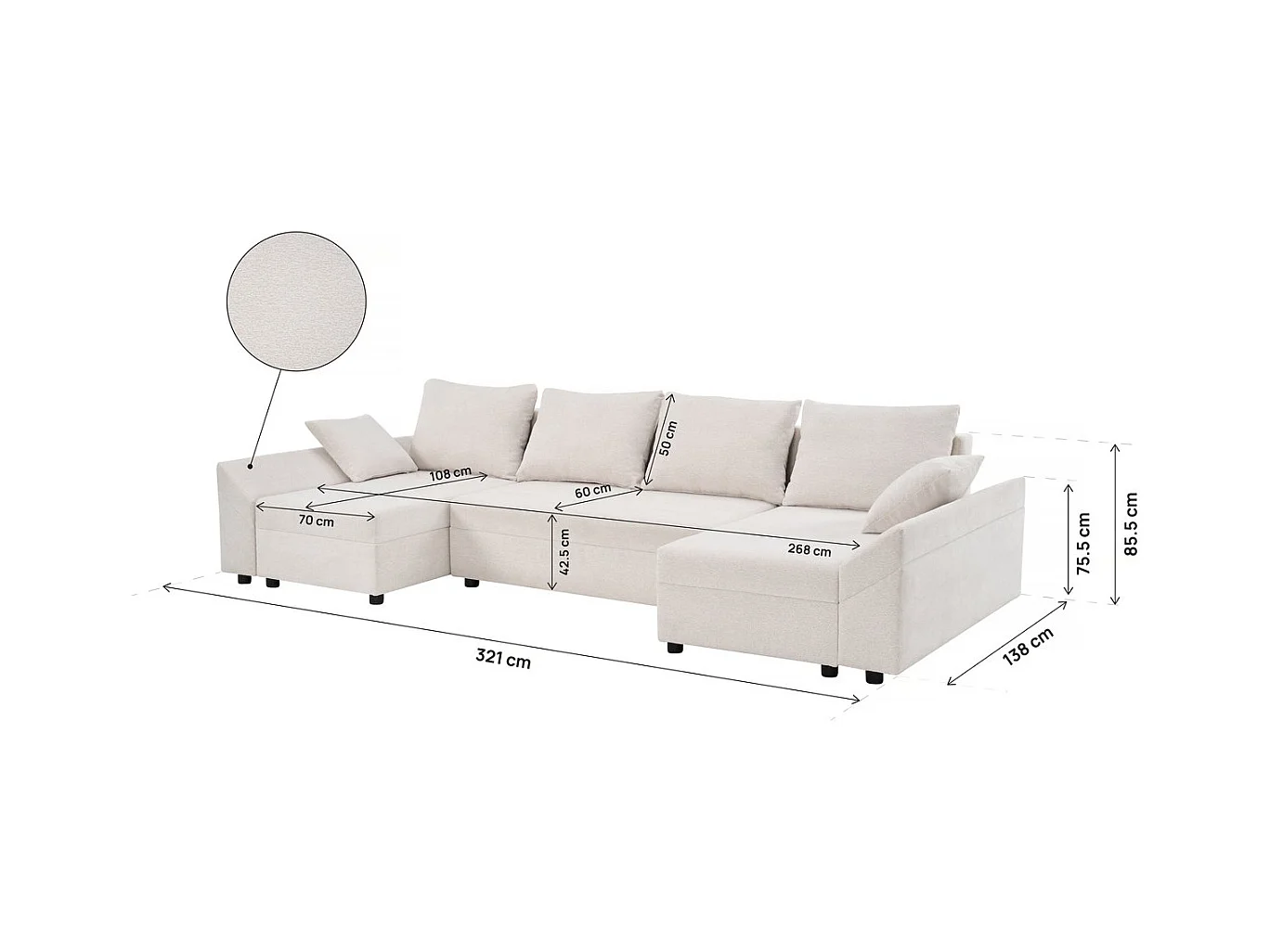 Canapé d'angle panoramique convertible en tissu texturé "Vaugirard II" - 5 places - Beige