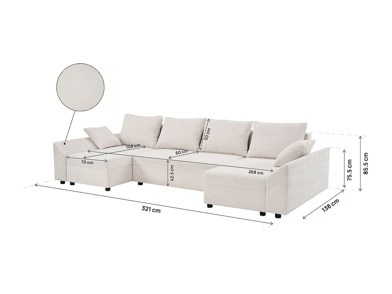 Canapé d'angle panoramique convertible en tissu texturé "Vaugirard II" - 5 places - Beige