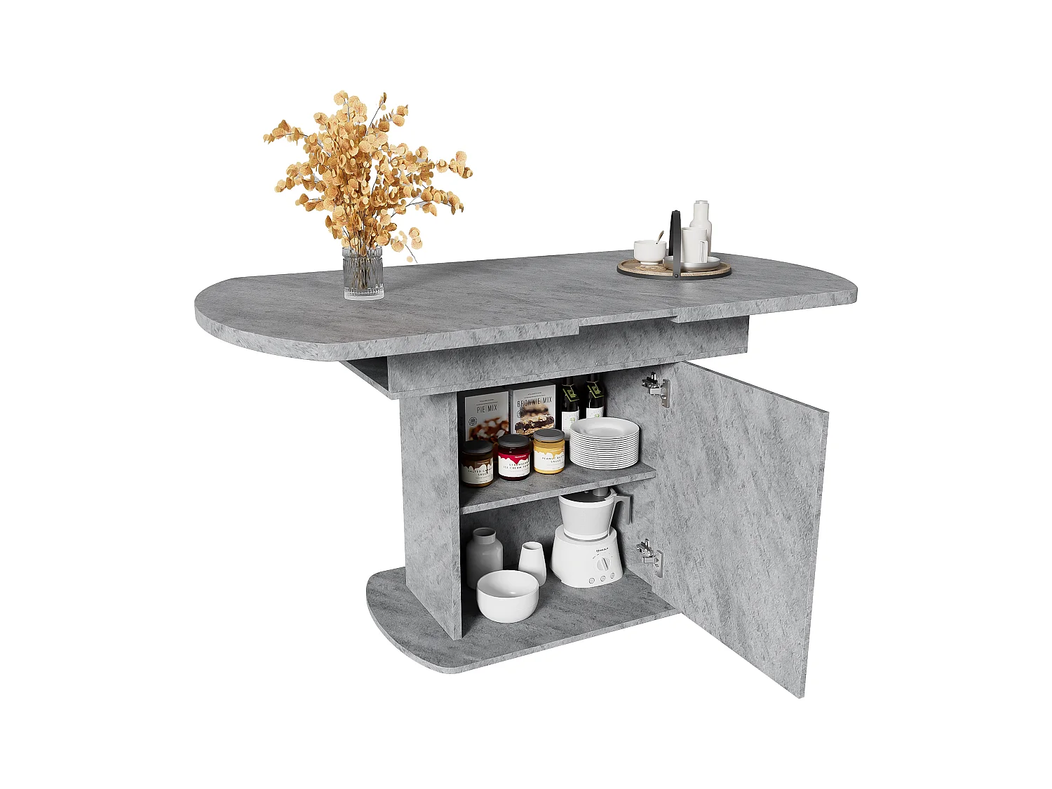 Table à manger ovale extensible - Table gris avec une porte et poignées argentées - avec rangement